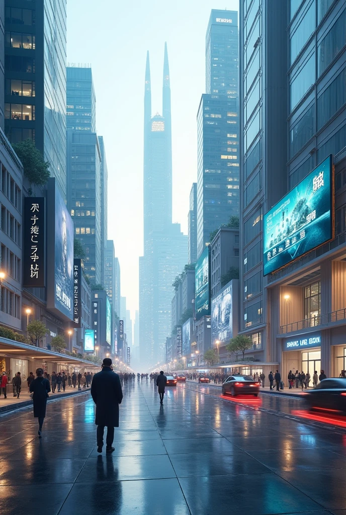 A city completely interconnected with interactive screens, Self-driving cars and people using augmented reality glasses