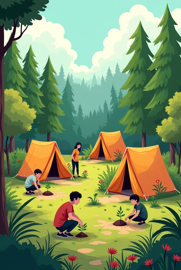 create an animated design that contains a combination of reforestation activities and camping activities with a design focus on 4 camping tents and plant seeds