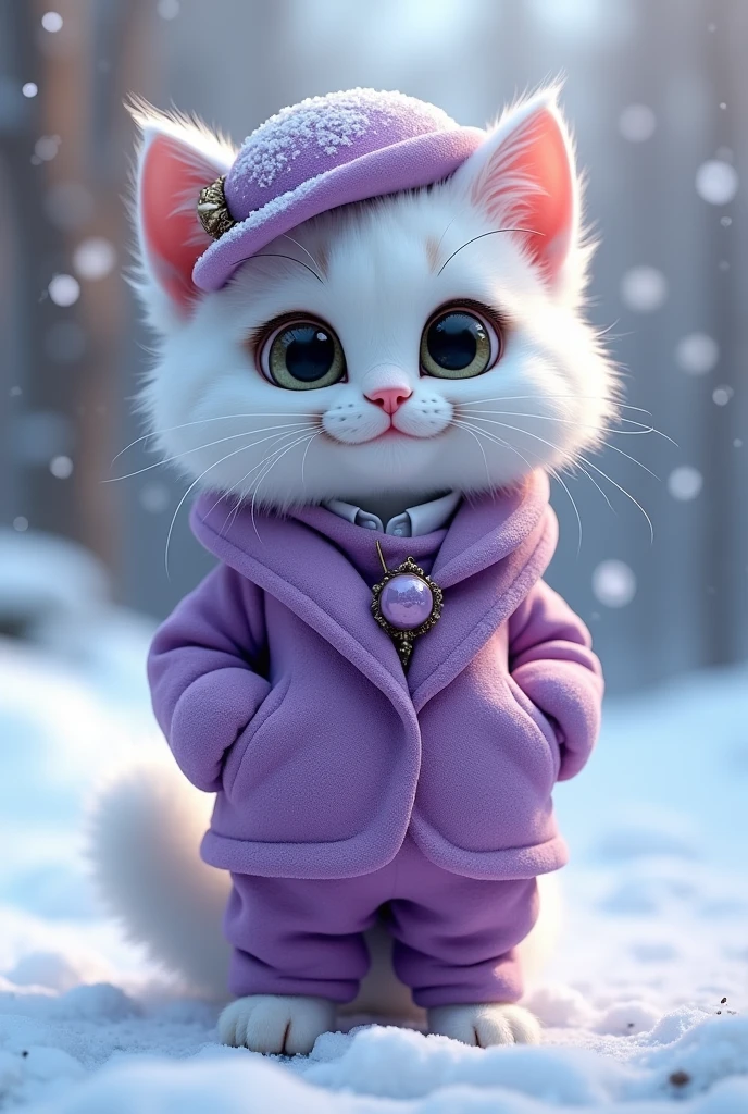 cute cat+Snow-white fur，Big bright eyes，A kind smile，A kind smile，Open your mouth！！！，Dress up as a fashion model，Wearing a stylish purple crystal textured suit，Hats and handbags，Fluffy Snow White，Big bright eyes，Big bright eyes，stand，Fluffy tail，Winter is coming，The snow is falling gently，Highly detailed 3D animation renders symmetrical central position， Ultra-realistic， Super detailed， Deluxe， 3， Cinematic Light， Extremely sharp details， Ultra-transparent material， Close-up， Complex Texture， Octane Lend， Zubrash， 8k， Ultra-realisticなUREAL