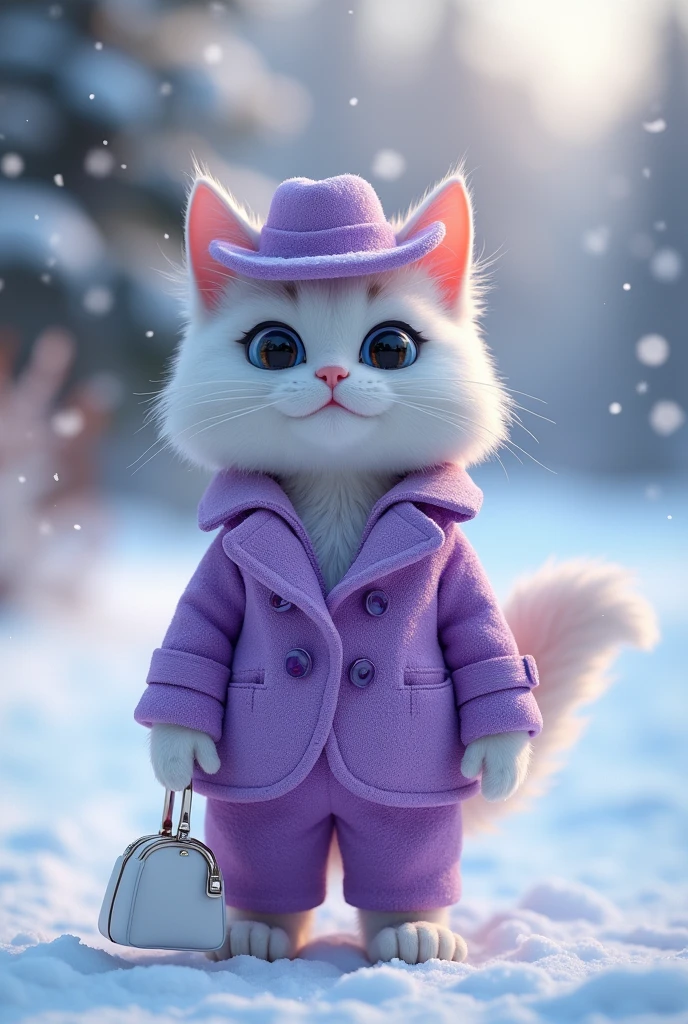 cute cat+Snow-white fur,Big bright eyes,A kind smile,A kind smile,Open your mouth!!!,Dress up as a fashion model,Wearing a stylish purple crystal textured suit,Hats and handbags,Fluffy Snow White,Big bright eyes,Big bright eyes,stand,Fluffy tail,Winter is coming,The snow is falling gently,Highly detailed 3D animation renders symmetrical central position, Ultra-realistic, Super detailed, Deluxe, 3, Cinematic Light, Extremely sharp details, Ultra-transparent material, Close-up, Complex Texture, Octane Lend, Zubrash, 8k, Ultra-realisticなUREAL