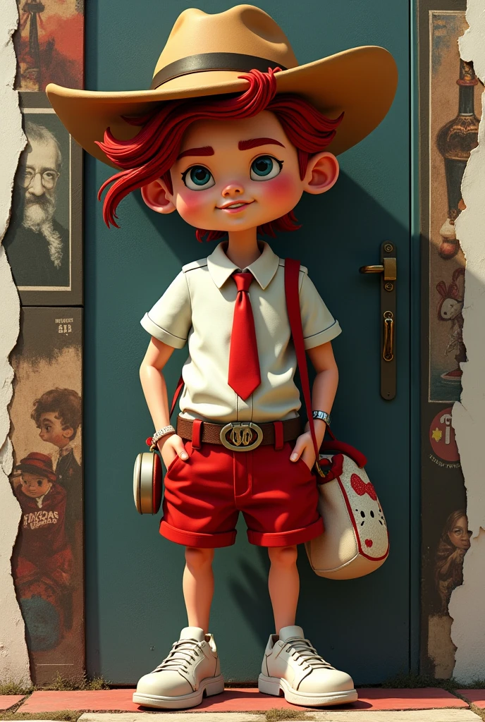 **Channeling the fierce spirit of a suave 20 year old cowboy with a wide hat, red tie, short white shirt and red shorts, there is a hello kitty bag 🎬 Realistic 4d caricature of a big head, trendy anthropomorphic man wearing white shoes, black headphones, with red hair in a stylish layered collage; dark art, stylish innovative street art, iconic portraits, torn paper, fragmented shapes, hyper-realism with intricate details, complementary colors, soft lighting, ultra-clear textures,uhd,16k