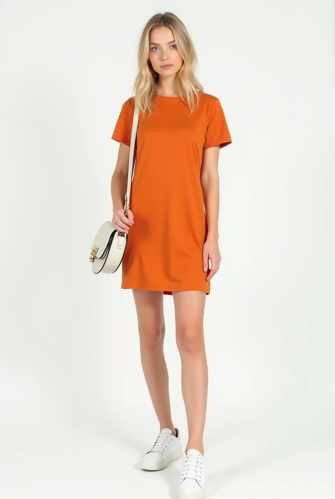  format lA,Caucasian skin,blue colored eyes, blonde straight hair, orange dress,White sneakers,bag and white background 