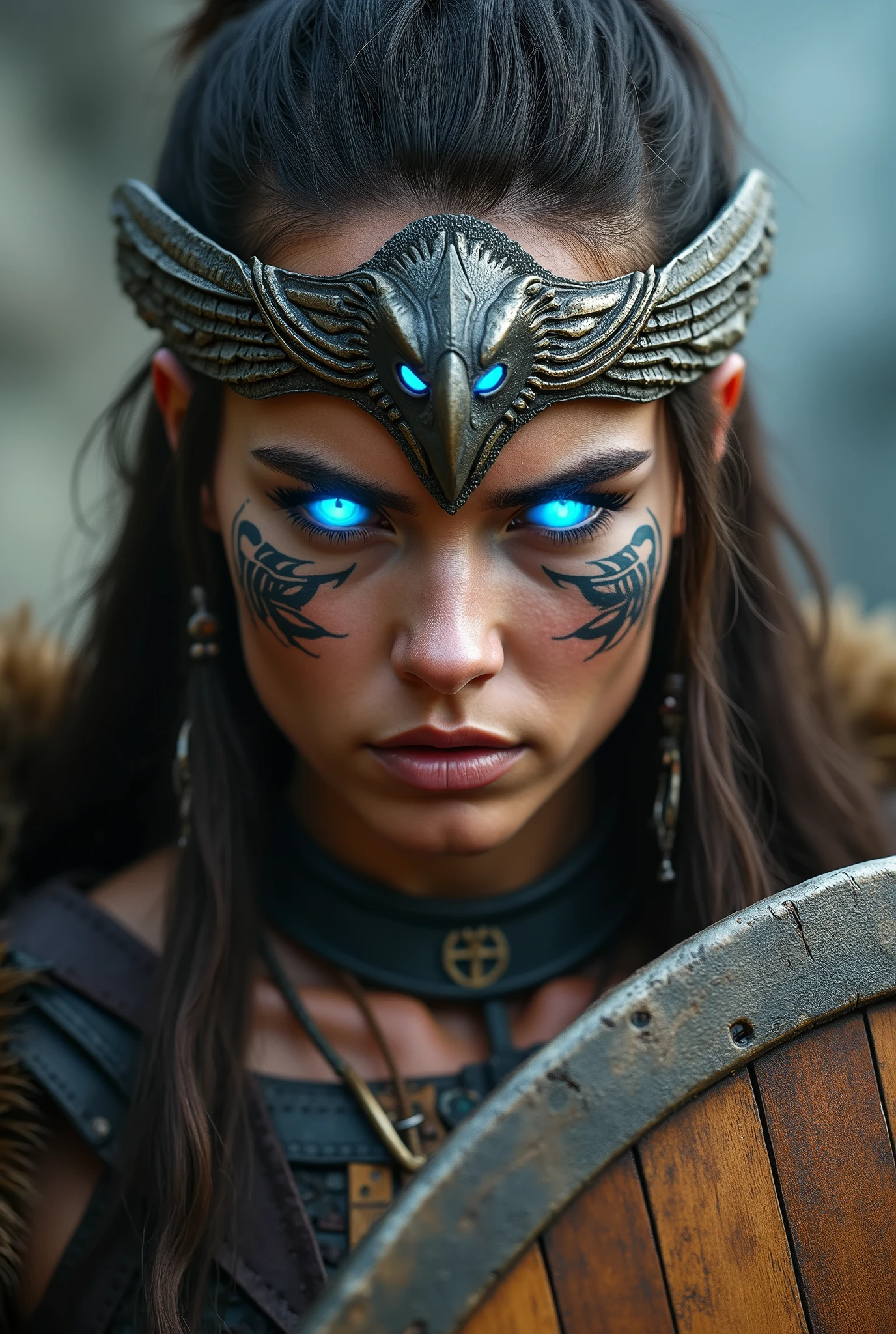 Close up face beautiful viking woman, wooden shield in hand , strong blue light in the eyes, eagle crown , tribal design on the eyes, Angry, bone ornaments on the neck, leather armor, focused