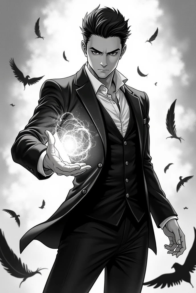 Monochrome manga illustration, dashing male figure, expertly tailored three-piece black suit fitting body perfectly, sharp tailored edges accentuating refined silhouette, slicked back raven-black hair gleaming with a lustrous sheen, dynamic raven motif artfully integrated into suit design, casting powerful yet gentle healing magic with intricate swirling energy emanating from fingertips, ethereal white light contrasting against dark attire, captivating expression reflecting strength and kindness, centered composition emphasizing the character's elegant posture, dramatic contrasts and detailed inking techniques enhancing visual impact, emotional resonance evoking a blend of majesty and grace, background subtly hinting at an enchanted realm with swirling mist and shadowy feathers, monochrome palette creating striking visual depth and texture, high contrast between deep blacks and luminous whites emphasizing the character's powerful aura, manga style characterized by clean lines and expressive forms, detailed shading techniques capturing the play of light and dark across the suit and hair