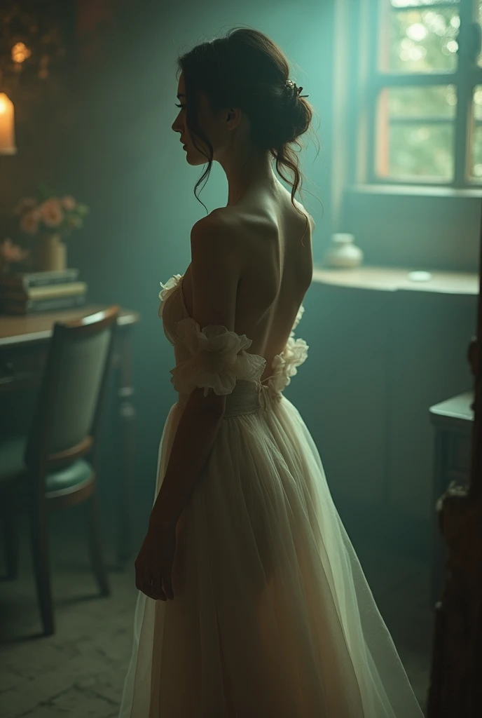 There is a woman in a dress standing with her back to the camera., by Johanna Marie Fosie, dreamy and ethereal, dreamy and ethereal and dark, pale woman, romantic dress, faded and dusty, monia merlo, ethereal and dreamy, retro and ethereal, demure, inspired by Elsa Bleda, by Claire Hummel, very ethereal, ethereal backlighting