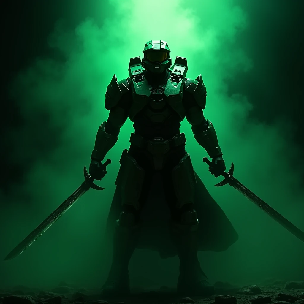 The Halo video game character wielding 2 swords in shadow with the green background and the black shadow.