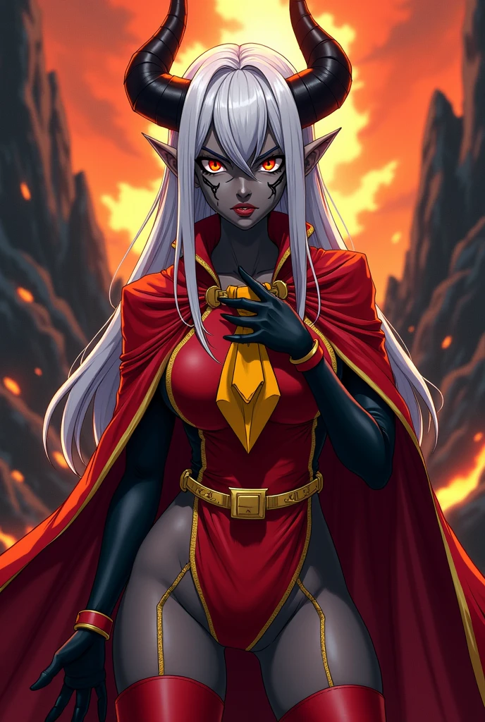 Panty & Stocking style, Thick lineart, sharp edges, score_9, score_8_up, score_7_up, source_anime,cowboy shot, third-quarter view, (scar on face), (scar across nose), scar on nose, skin-cracking on face, solo, 1girl, calamitas, dark skin, grey skin, annoyed, looking at viewer, hand on own chest, white hair, amber eyes, demon horns, gold trim, red cape, red robe, yellow ascot, long sleeves, black gloves, red leggings, gold belt, molten rock, volcano,