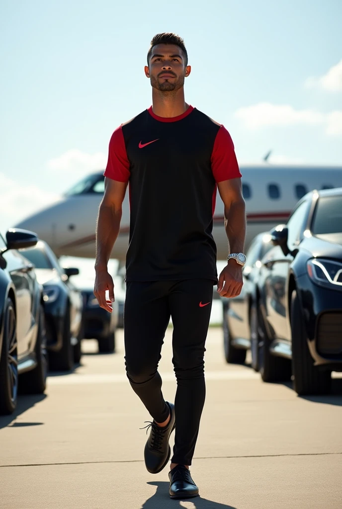 Cristiano Ronaldo ;à l'aéroport de Washington où quatre voitures lui suivent;un jette privé qui l'attend;portant un montre en diamant,une lumière claire luxe;un t-shirt ???? rouge nike luxe;un pantalon ???? luxe ;des chaussures de luxe montante