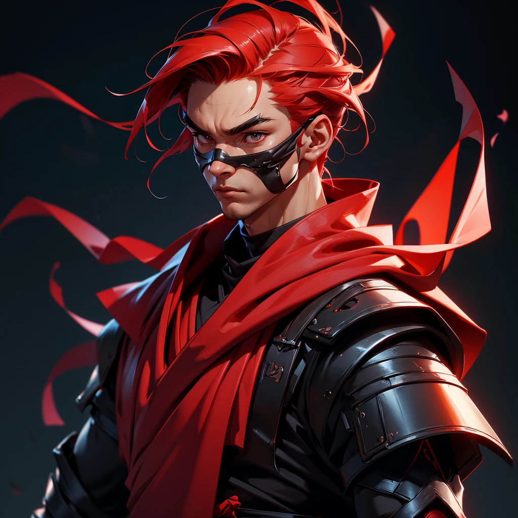 envision a 8k, highres, semi realistic cinematic close up portrait of a soft ninja man with a slender muscular body, clean shaved, sleek red hair, and red eyes, ninja robes, ninja armor, mortal kombat ninja mask, half face mask, against a dark gray background