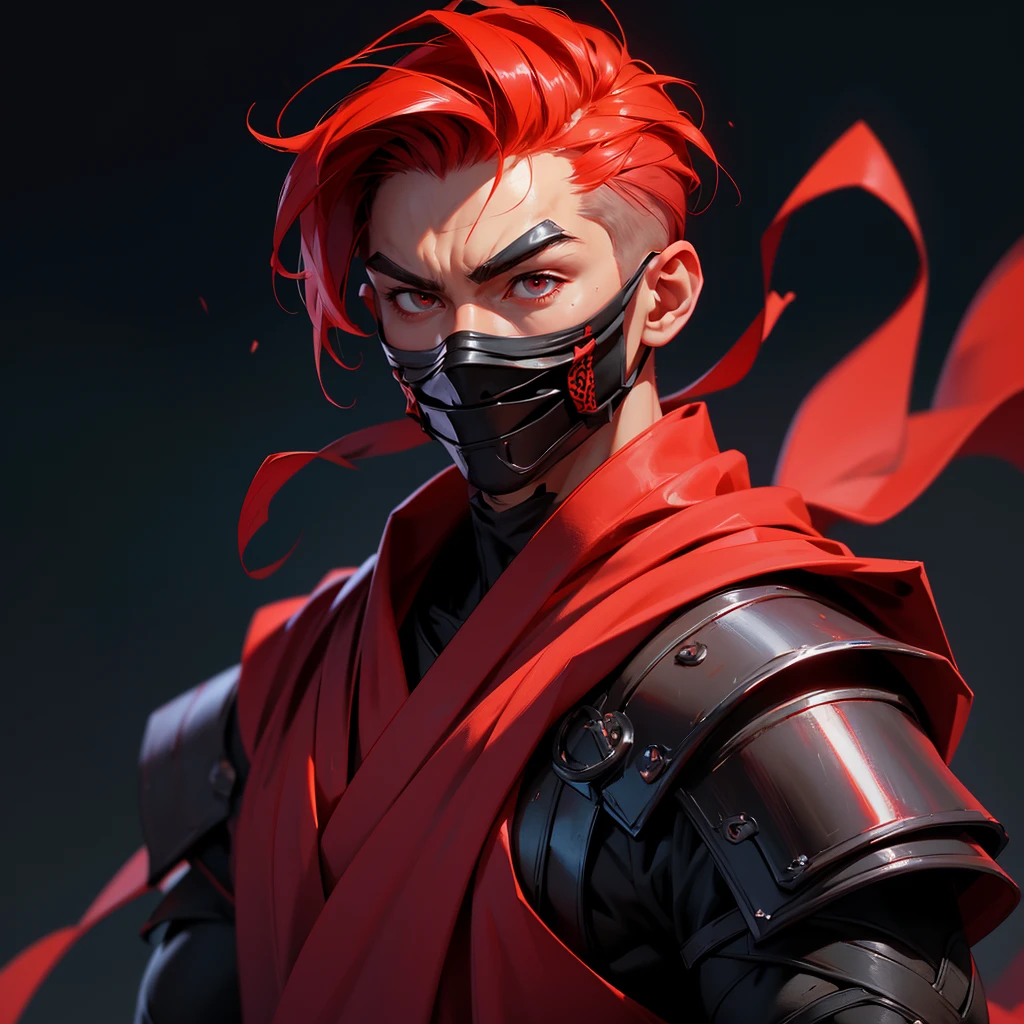 envision a 8k, highres, semi realistic cinematic close up portrait of a soft ninja man with a slender muscular body, clean shaved, sleek red hair, and red eyes, ninja robes, ninja armor, mortal kombat ninja mask, half face mask, against a dark gray background