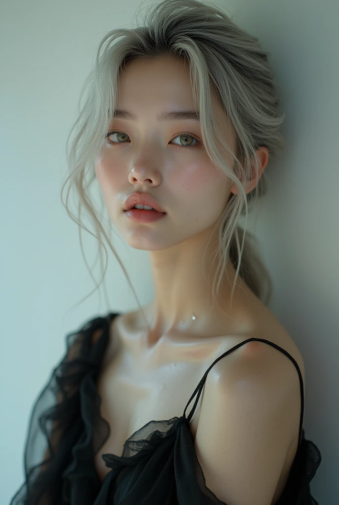 Asian beathiful female model with light hair and wearing Black dress and Waters on her face