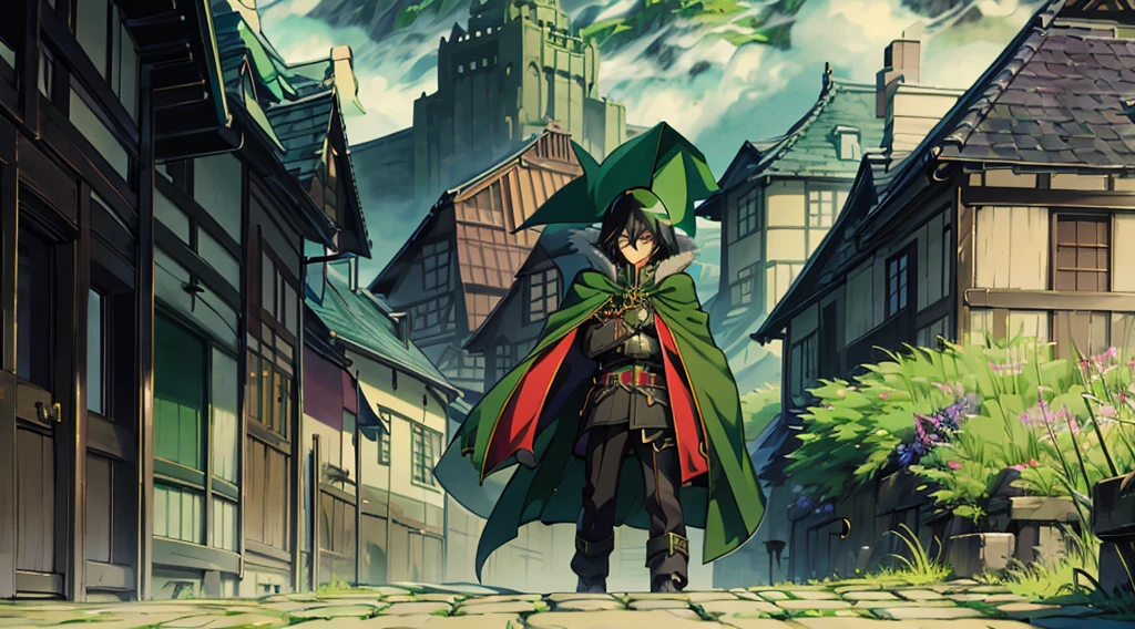 yuichiro hyakuya, (WithoutFear:1), demon king, evil face, 1 boy, black hair, green eyes, brown coat, gray armor, green shield, green cloak, dark brown gloves, castle, white fur trim, tall, anime, standing, good quality, portrait, looking at viewer