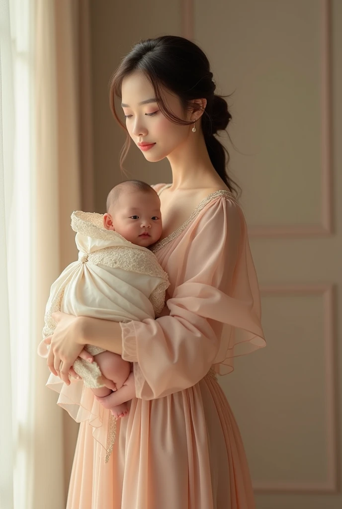 calf length dress,assian woman,carrying baby,Best quality, 8k, 32k,detailed face,detailed eyes,ultra detailed,