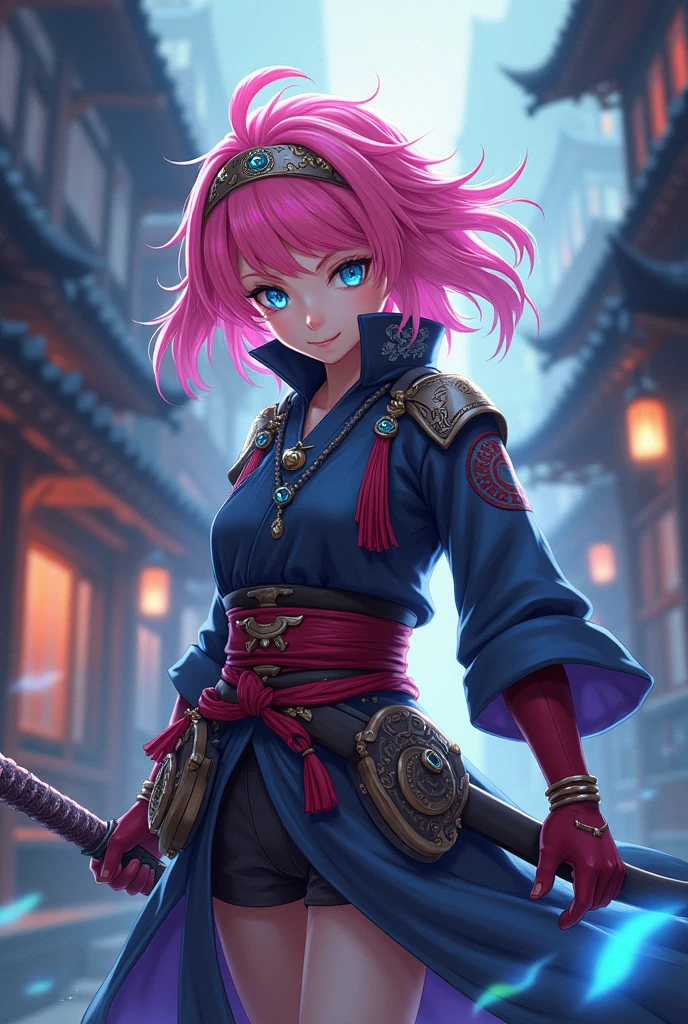 Demon slayer He has pink hair, , blue eyes and likes