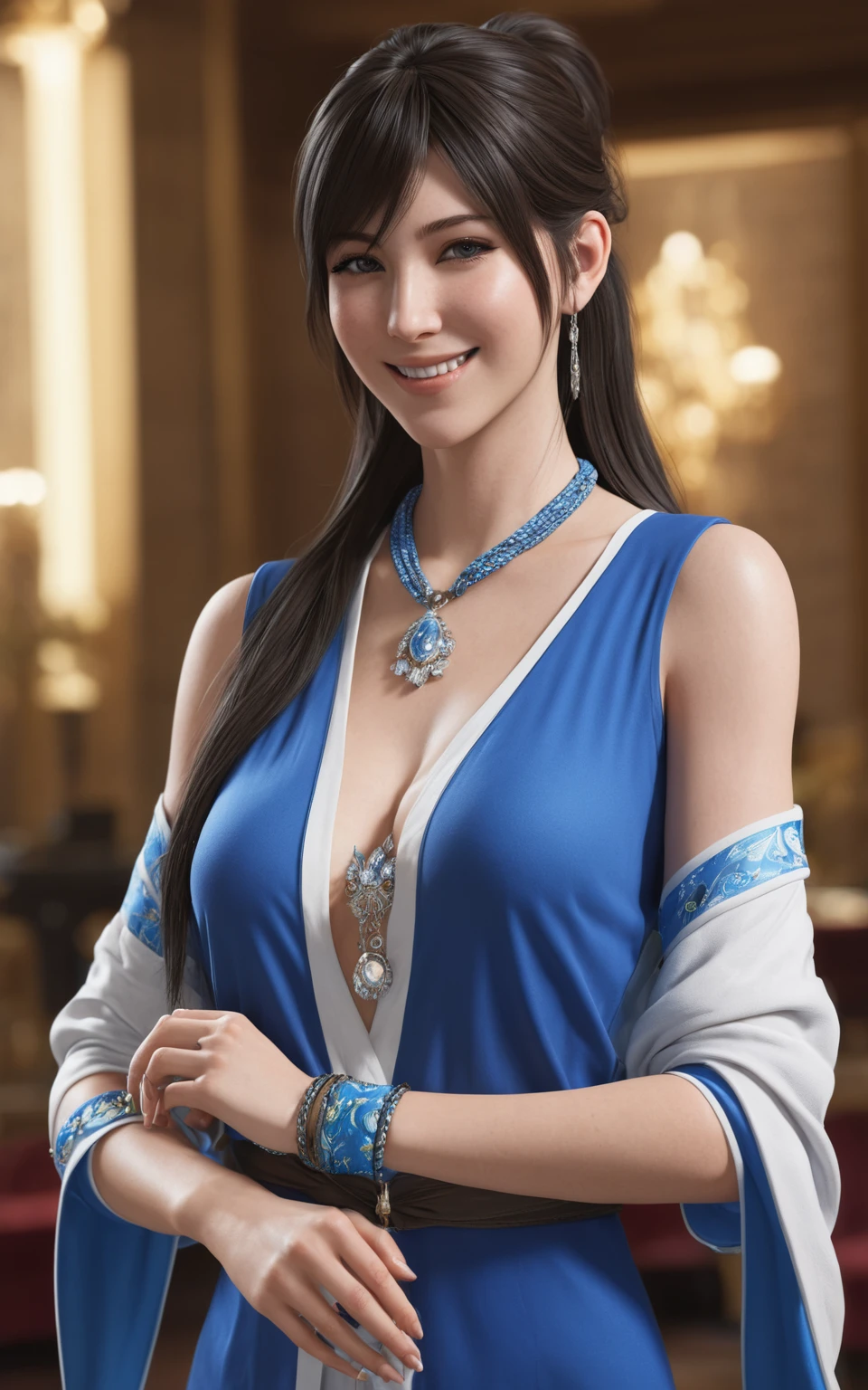 rinoa, blue duster, blue wristbands, half body, smile, holding necklace, unparalleled masterpiece, ultra realistic 8k CG, perfect artwork, seductive posture, sexy pose, alluring, clean, beautiful face, pure face, pale skin, intricate detail, prestige, gorgeous, luxury, fancy ballroom