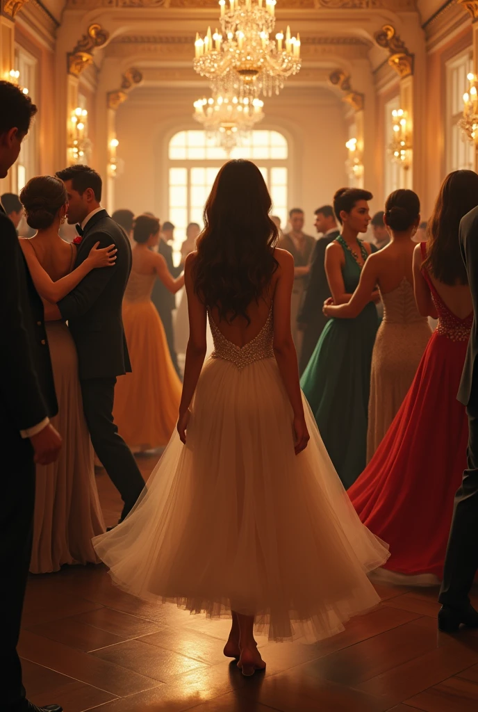 several couples dancing in ballroom clothes in an old-fashioned and chic setting. focusing on a brown haired girl walking. the woman is wearing a formal prom dress. The woman must have her back to the people
