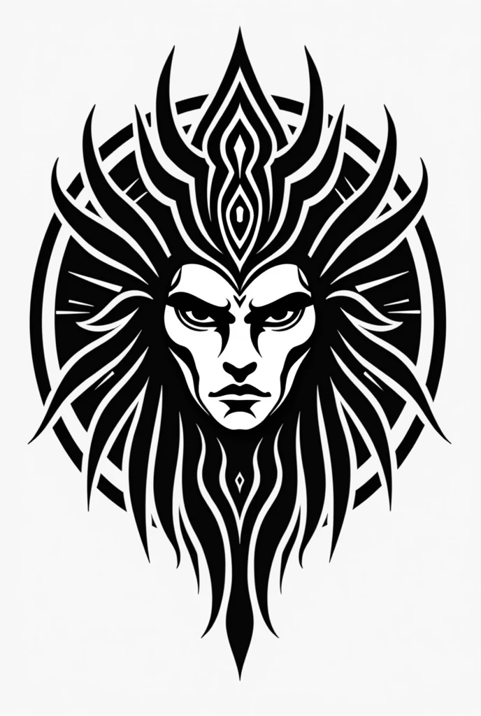Brazilian Indian god;
round logo;
ointment.
black andwhite;
indian face
