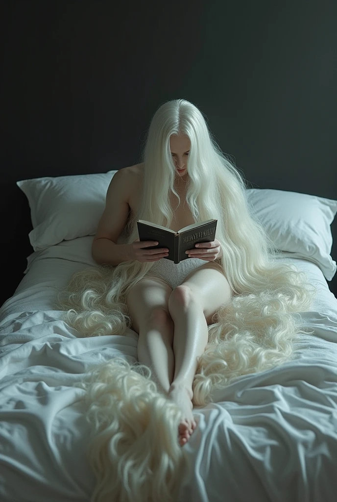 A man lies in a bed and the bed sheets are covered in the man's platinum hair The man's hair is as long as Rapunzel's . His hair is properly wavy and he is face down on the bed while reading a book, in So that his face doesn't show, he's face down, the man is thin and has a big ass.