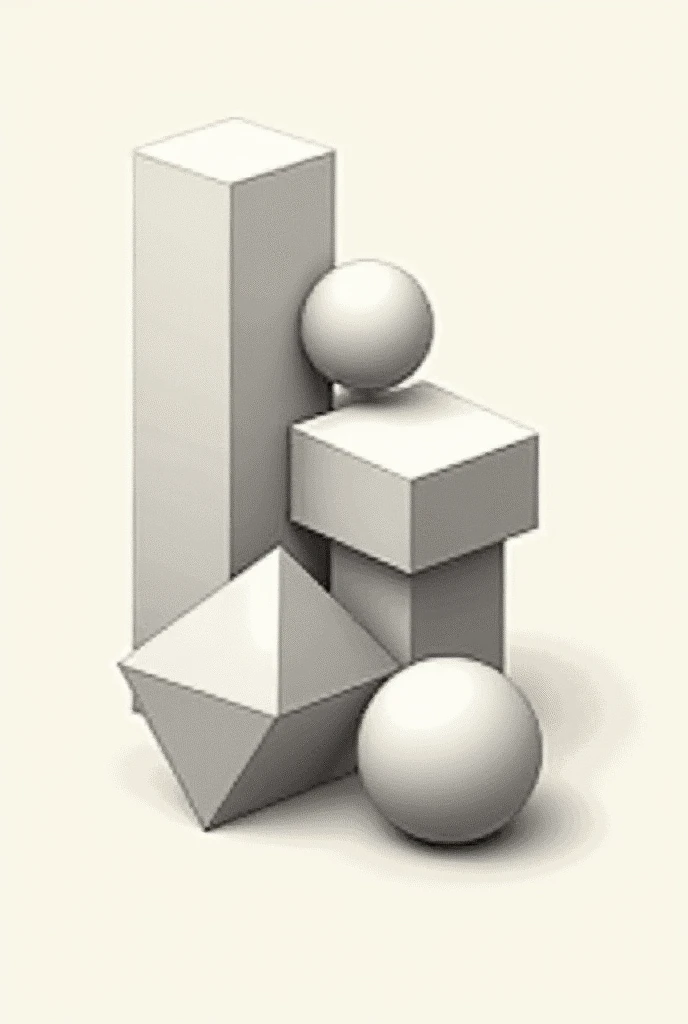 Geometry figures (cylinder, cube, pyramid and sphere) in a single drawing, 5 examples