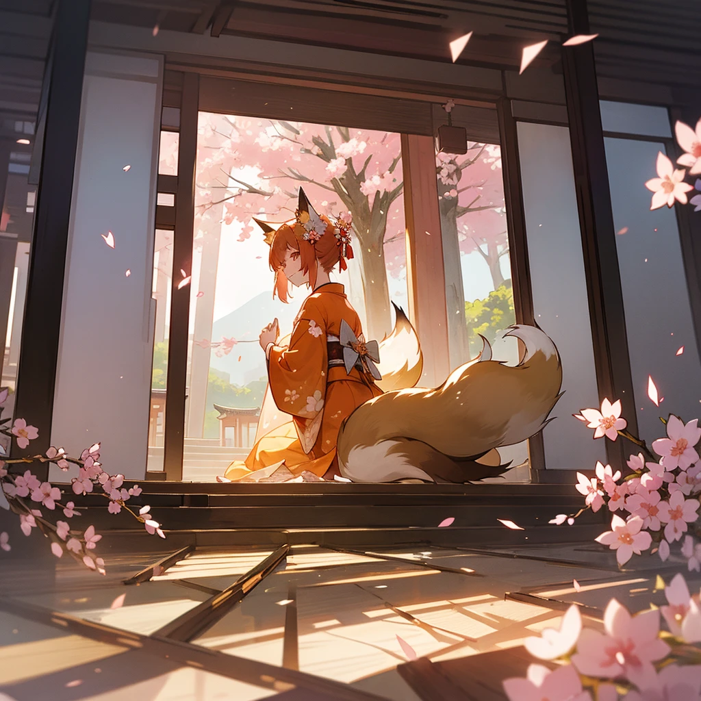 kimono, fox ears, multiple tails, sun high on background, sakura trees valley, from inside a temple, glass shards floating