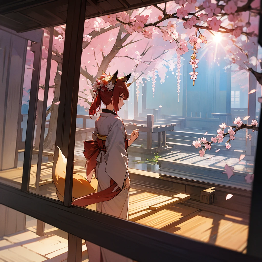 kimono, fox ears, multiple tails, sun high on background, sakura trees valley, from inside a temple, glass shards floating