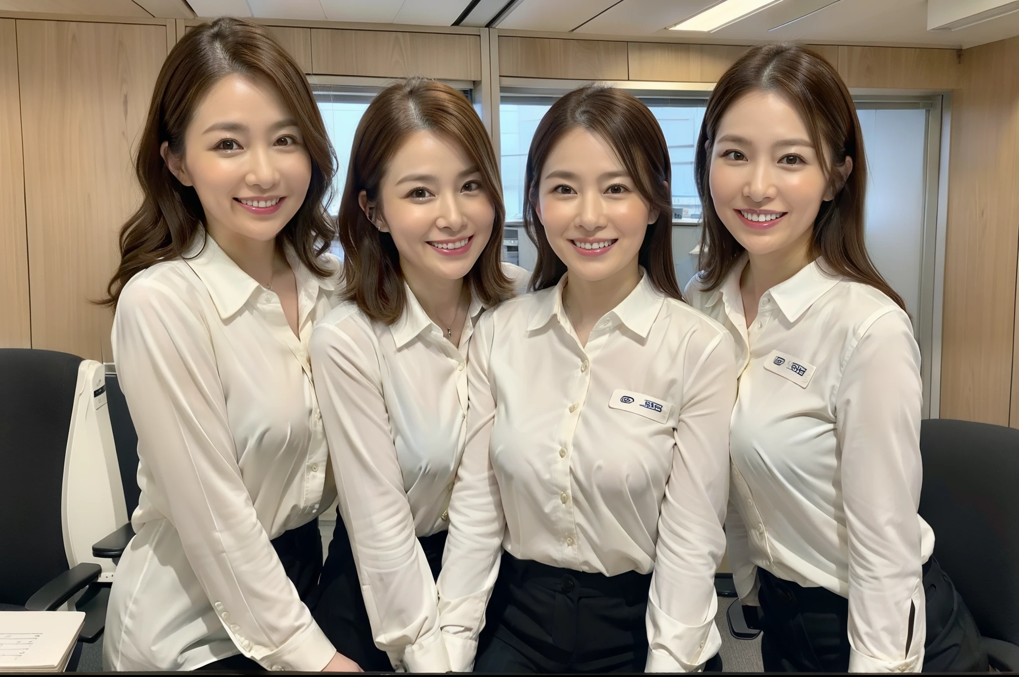 ((Best Quality, 8k, Masterpiecedetails, ultra-high resolution)), (group picture),(looking at the viewer), (full shot:), attractive business 5 milfs, 5 people, a bit chubby:0.25, seductive expression, white collared shirt, 短いスカート、バストが大きい、抱き合う、隣の人にバストが当たる、 (sitting with cross legs on office desks)), smile,