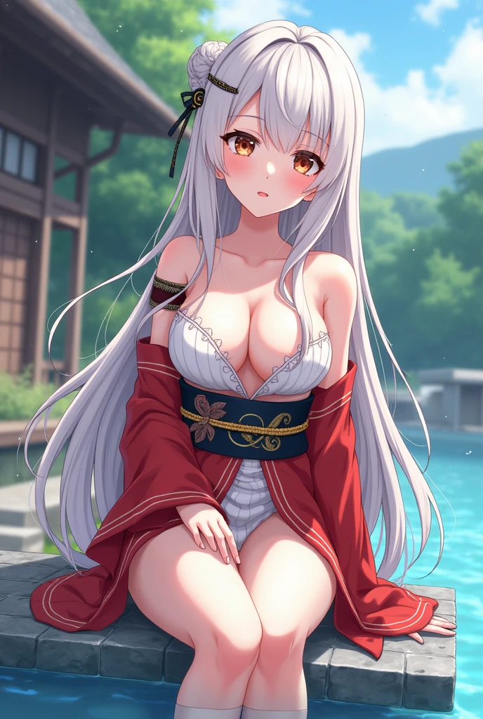 1 girl(masterpiece,top quality,best quality,official art,Beauty and aesthetics:1.2),white hair,brown eyes,long hair,big sister,tall figure,enchanted,enchanting,Flushed complexion, playful expression while Blushing, super gigantic breasts,Breasts larger than the head,Red and white kimono, clogs,Off the shoulders,detailed cleavage,Sitting on the stone steps by the water of a hot spring, thigh exposed.