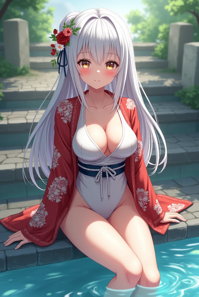 1 girl(masterpiece,top quality,best quality,official art,Beauty and aesthetics:1.2),white hair,brown eyes,long hair,big sister,tall figure,enchanted,enchanting,Flushed complexion, playful expression while Blushing, super gigantic breasts,Breasts larger than the head,Red and white kimono, clogs,Off the shoulders,detailed cleavage,Sitting on the stone steps by the water of a hot spring, thigh exposed.