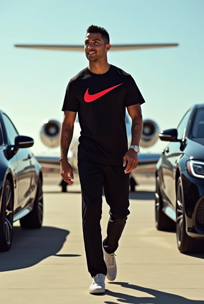 Cristiano Ronaldo ;à l'aéroport de Washington où quatre voitures lui suivent;un jette privé qui l'attend;portant un montre en diamant,une lumière claire luxe;un t-shirt  rouge nike luxe;un pantalon noire ;des chaussures de luxe montante 