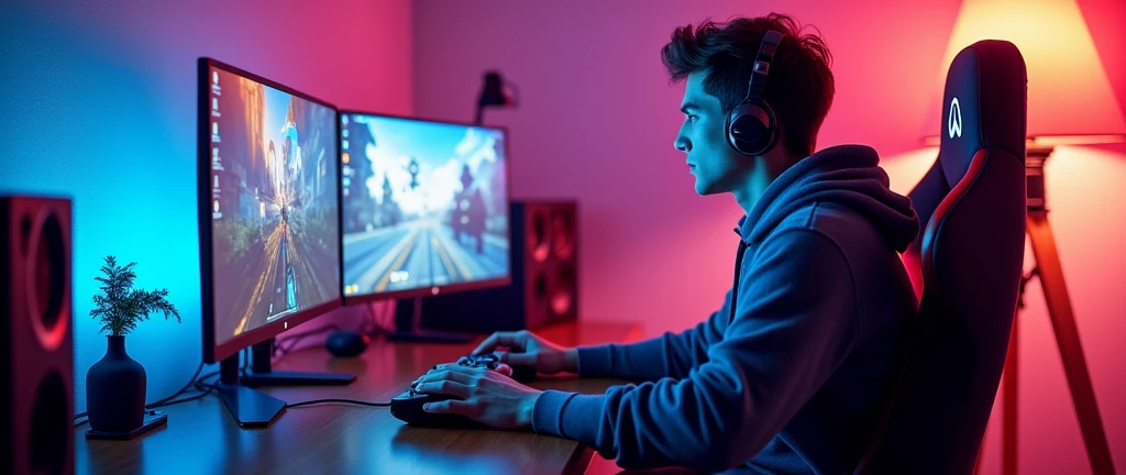 create an image of a streamer playing overwatch but horizontally so that the entire streamer setup can be seen please and that it can be seen with the overwatch chair