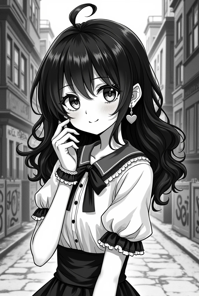 Monochrome manga art style, enchanting Coquette Yandere Simulator OC, medium-length curly hair cascading gracefully, dark tendrils framing delicate face, captivating wide eyes reflecting emotion, adorned with playful coquette accessories like lace gloves, heart-shaped earrings and frilly ribbons, positioned in a slightly tilted pose suggesting both allure and danger, intricately detailed outfits combining elegance with an vibe, central composition emphasizing her charming yet slightly manic demeanor, contrasting shadows hatching around the edges creating depth and drama, ethereal atmosphere enhanced by soft glow illuminating her face, blending both innocence and obsession in a visually captivating manner, urban backdrop featuring stylized elements like graffiti and city silhouettes, mood oscillating between whimsical charm and underlying tension, meticulously crafted in inky black and white linework, tonal variations portraying emotion and narrative depth, dynamic panel layout with flowing lines accentuating movement and emotion, emphasizing the character's dual nature, heightened sense of drama achieved through expressive features and exaggerated expressions, truly a compelling synthesis of beauty and madness in traditional manga aesthetic