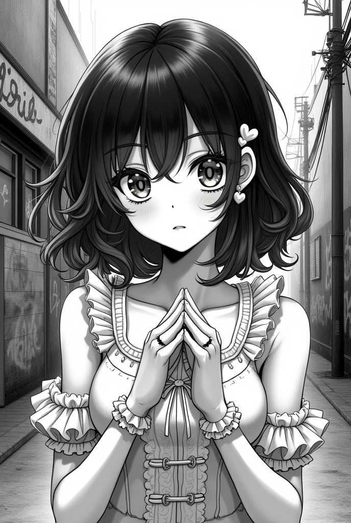 Monochrome manga art style, enchanting Coquette Yandere Simulator OC, medium-length curly hair cascading gracefully, dark tendrils framing delicate face, captivating wide eyes reflecting emotion, adorned with playful coquette accessories like lace gloves, heart-shaped earrings and frilly ribbons, positioned in a slightly tilted pose suggesting both allure and danger, intricately detailed outfits combining elegance with an vibe, central composition emphasizing her charming yet slightly manic demeanor, contrasting shadows hatching around the edges creating depth and drama, ethereal atmosphere enhanced by soft glow illuminating her face, blending both innocence and obsession in a visually captivating manner, urban backdrop featuring stylized elements like graffiti and city silhouettes, mood oscillating between whimsical charm and underlying tension, meticulously crafted in inky black and white linework, tonal variations portraying emotion and narrative depth, dynamic panel layout with flowing lines accentuating movement and emotion, emphasizing the character's dual nature, heightened sense of drama achieved through expressive features and exaggerated expressions, truly a compelling synthesis of beauty and madness in traditional manga aesthetic