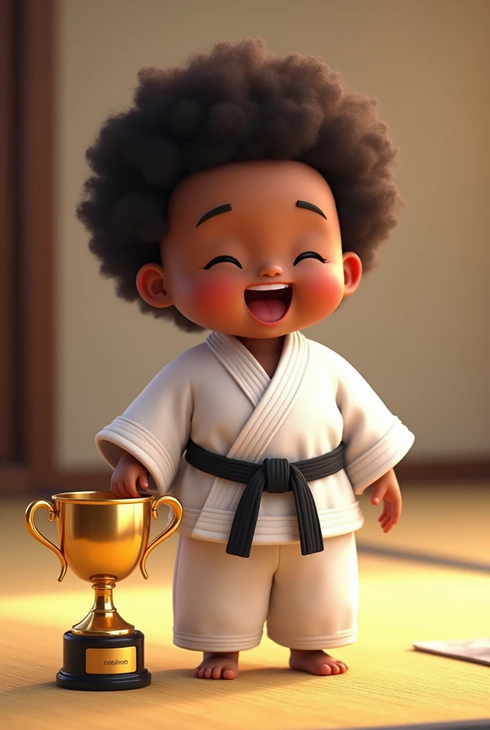 Create an image of a chubby black child who appears to be ,  wearing a white kimono and black belt on a tatami smiling and next to his golden trophy happy with the victory sorrindo normal