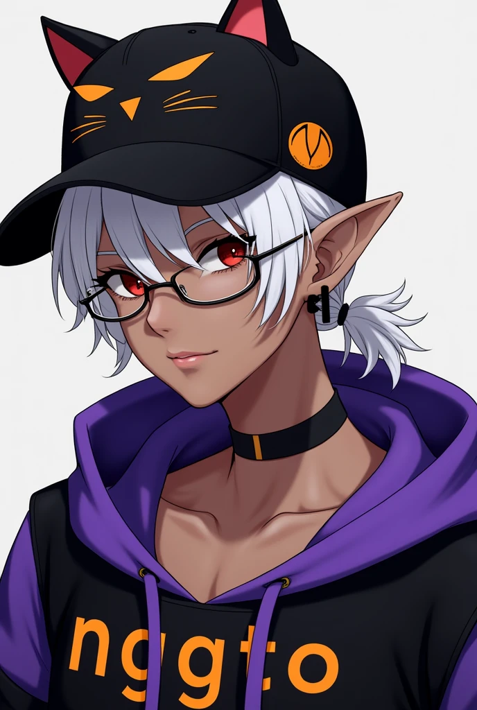 young man, Black skin tone, dark red eyes, elf ear small size, black earring in the shape of a cross but with two ears, wears prescription glasses, White hair, hair tied with ponytail, 2 strands of hair in the front, wears a black cap with a cat face, wears a closed hood with two different colors, black on one side and purple on the other, with an orange name written: NGGTO