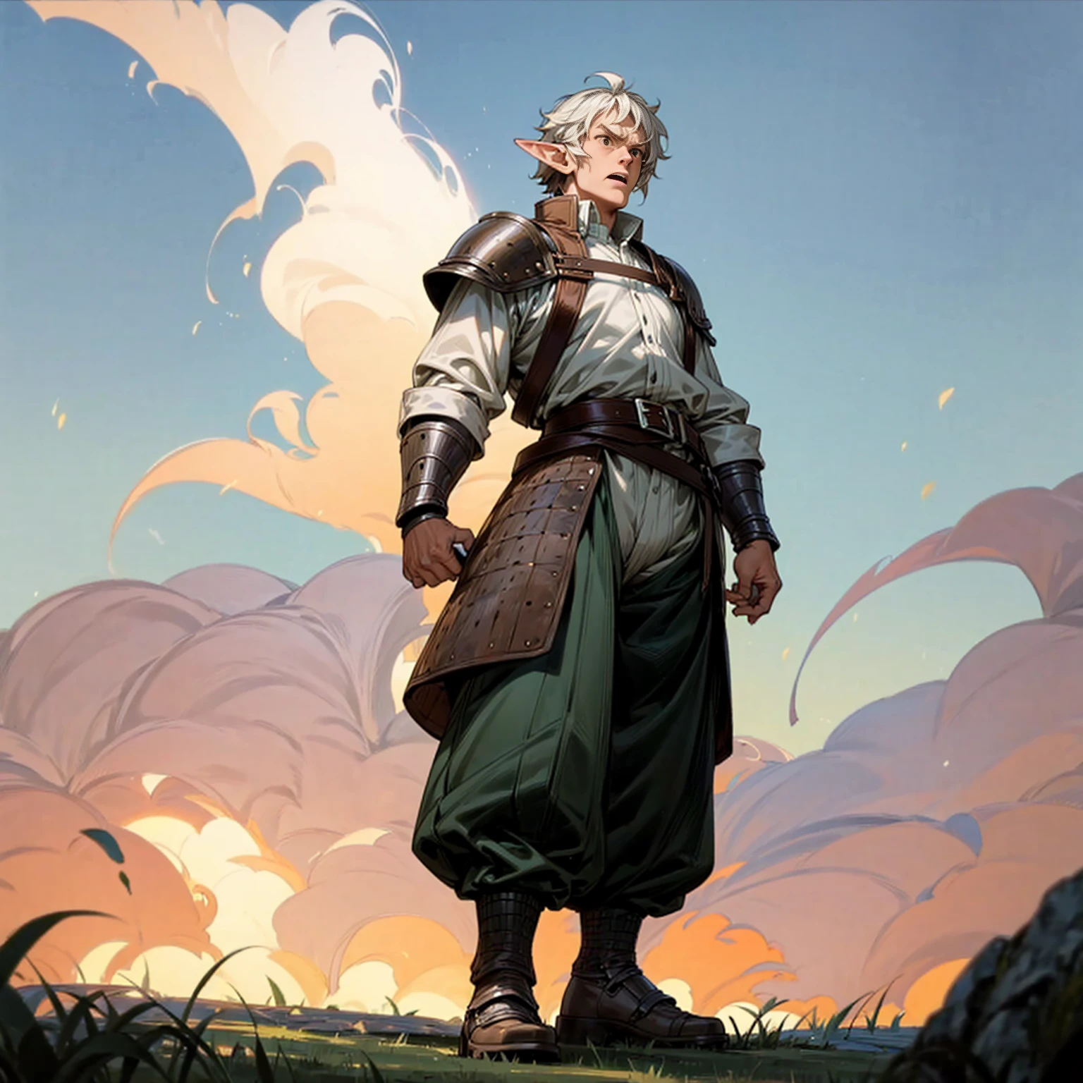 Solo character, full body version, old man, big man, muscle, (elf), brown eyes, white color hair, short Curly hair, white shirt, green long pants, shoes, belt, outdoor, field, Greenland, evening, medieval, standing gesture, detailed background, detailed clothing, detailed hair, (Makoto shinkai style art), thin beard, open mouth, angry, armor, smoke effect, fire effect 