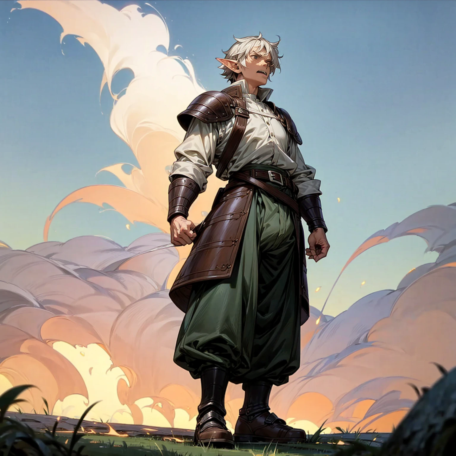 Solo character, full body version, old man, big man, muscle, (elf), brown eyes, white color hair, short Curly hair, white shirt, green long pants, shoes, belt, outdoor, field, Greenland, evening, medieval, standing gesture, detailed background, detailed clothing, detailed hair, (Makoto shinkai style art), thin beard, open mouth, angry, armor, smoke effect, fire effect 