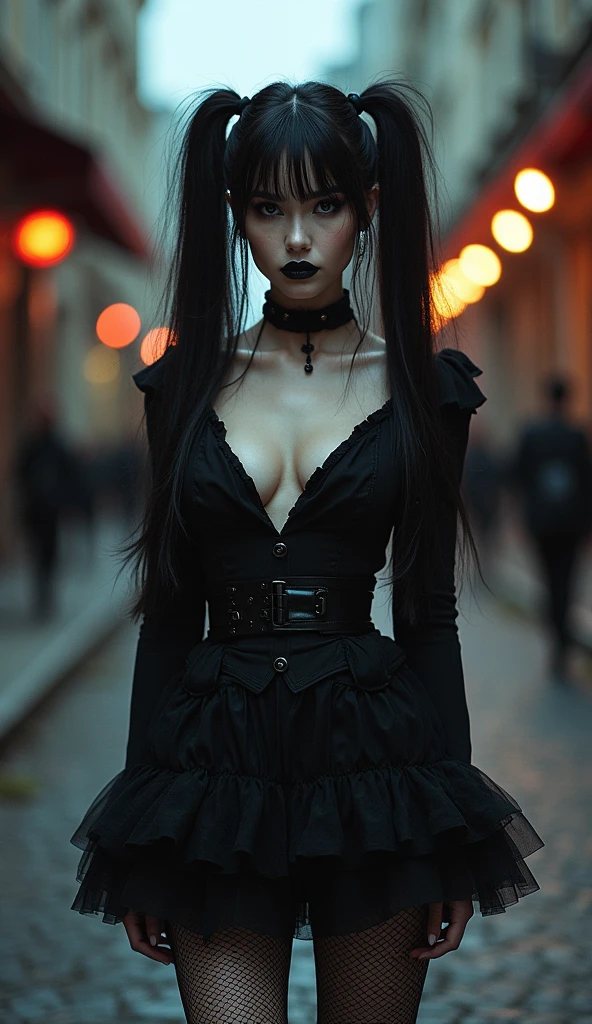 masterpiece, Absurd,Award-winning photo, Very detailed, wonderful, The finer details, Very detailed eyes and face, By Lee Jeffries Nikon d850 film stock photos 4 Kodak portra 400 camera f1.6 Lenses、Rich colors、Ultra-realistic、Realistic texture、Dramatic lighting、Unreal Engine、Trending on Artstation、Cinestill 800 Tungsten,Goth Woman, Pit Bimbo, Shiny, (Extreme close up shot of face:1.325)

 Gosgarh, (Super short skirt, Fishnet tights, Gothic print, Engraved skull:1.25), a woman in a black and white outfit is standing on the street,woman wearing a Gosgarh outfit, Large boots, Twin tails, Ruffled Dress, race, ribbon, lipstick, Pale skin