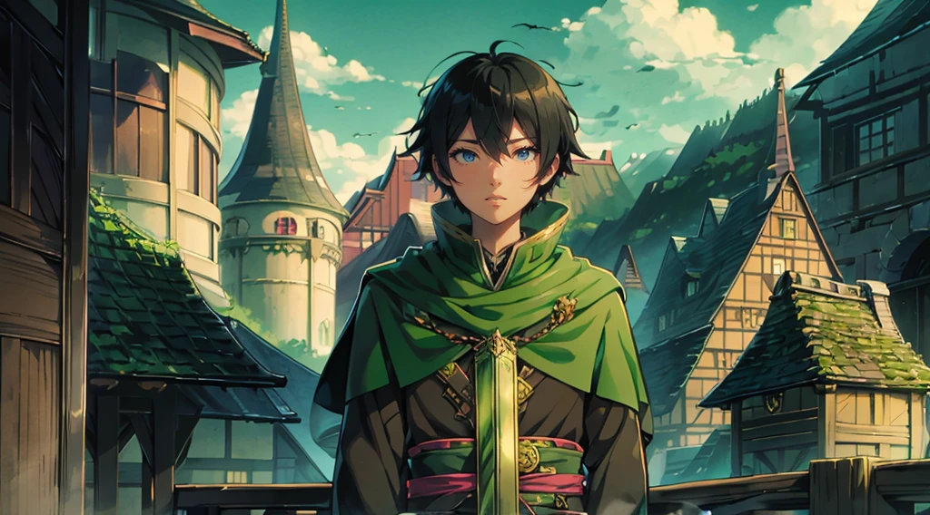 yuichiro hyakuya, (WithoutFear:1), demon king, evil face, 1 boy, black hair, green eyes, brown coat, gray armor, green shield, green cloak, dark brown gloves, castle, white fur trim, tall, anime, standing, good quality, portrait, looking at viewer