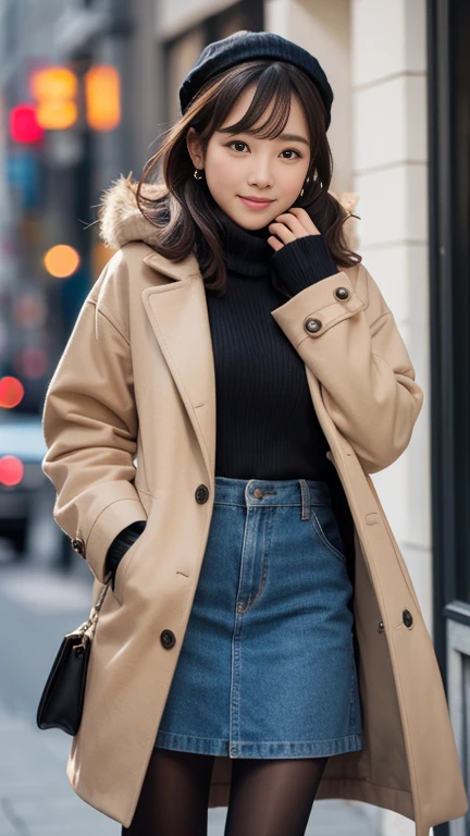 Wearing a knit and a long coat、wearing black leather gloves,Skin color pantyhose