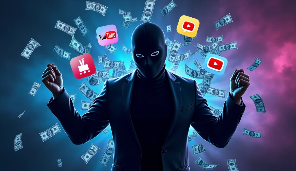 "Create a high-resolution, visually striking course cover image featuring a male figure hiding his face with a mask or covering that makes it difficult to identify his features, ensuring a high level of anonymity. The figure should be positioned dynamically in an action pose to emphasize secrecy. Use a vibrant and colorful background with a gradient or abstract design, incorporating rich, contrasting colors like deep blue, purple, and dark gray to add depth and visual interest, with a highly detailed and vibrant appearance. Place symbols of financial success, such as dollar signs ($), stacks of bills, or currency icons prominently behind the male figure, ensuring they are bold, highly detailed, and sharply contrasted. Integrate images of the TikTok, YouTube, and Kwai app icons into the background with exceptional clarity and resolution, making them large, prominent, and highly visible against the colorful backdrop. Include visual references to video editing, such as camera icons, film reels, or editing software icons (like scissors or a timeline), also in high resolution and vivid detail, subtly blended into the background but remaining clear and detailed. The overall style should be sleek and modern, with a balanced composition that ensures the main subject and thematic elements (money, video editing, and app icons) are visually harmonious and impactful. Avoid any text or written elements. The image should effectively convey the concepts of financial success through video content creation and the presence of popular video platforms while maintaining the theme of anonymity."