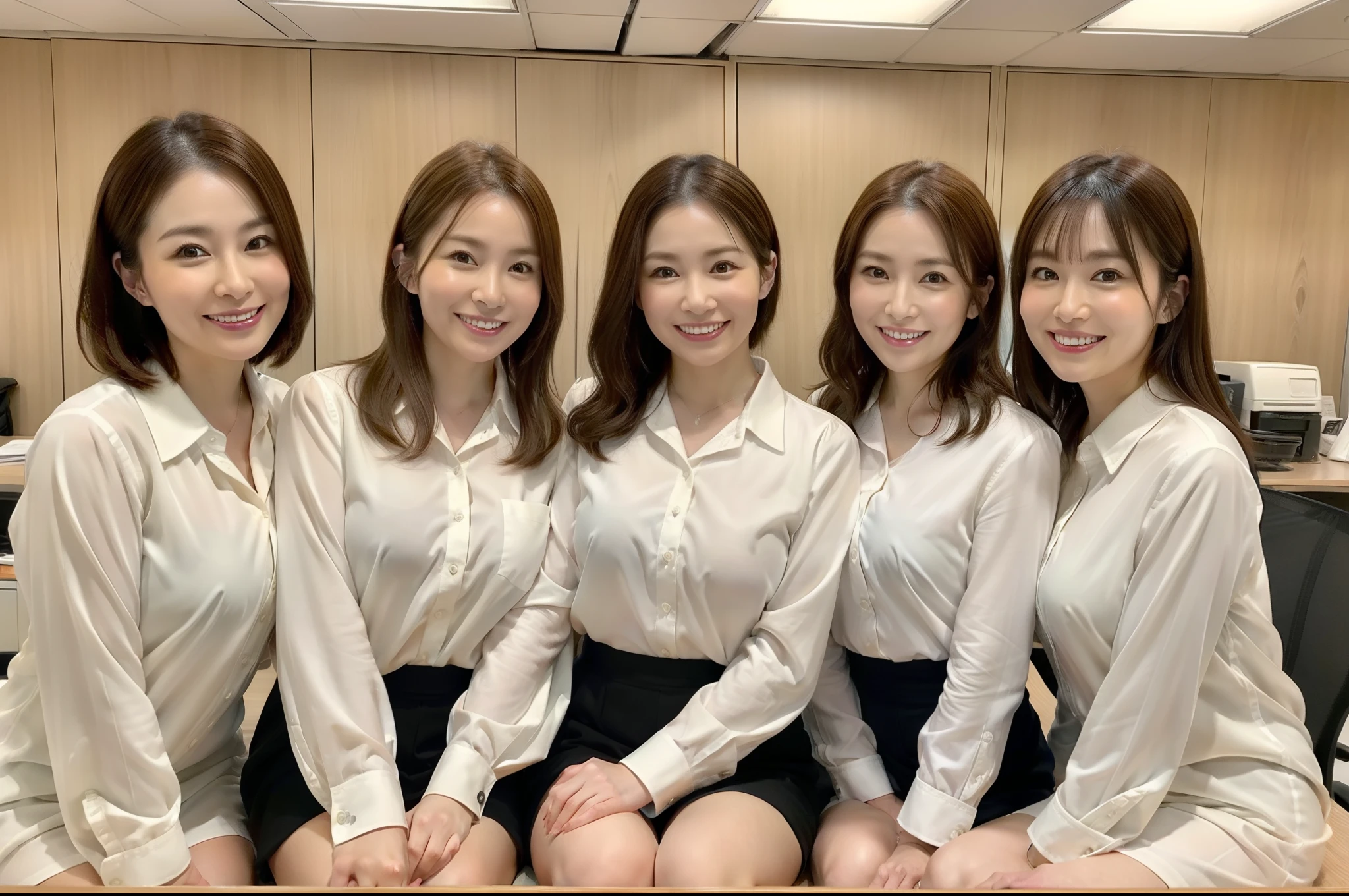((Best Quality, 8k, Masterpiecedetails, ultra-high resolution)), (group picture),(looking at the viewer), (full shot:), attractive business 5 milfs, 5 people, a bit chubby:0.25, seductive expression, white collared shirt, 短いスカート、バストが大きい、抱き合う、隣の人にバストが当たる、 (sitting with cross legs on office desks)), smile,