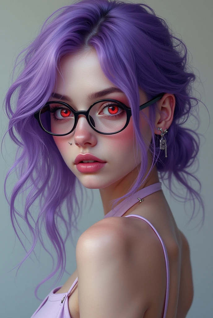 A girl with white skin, Eyes red, completely purple and wavy hair, piercing no nariz, pink lips, slightly muscular but thin body and short glasses