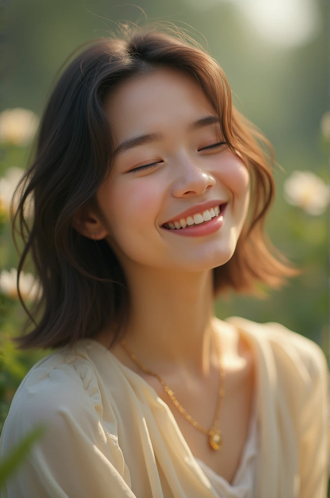 a woman smiling, com olhos fechados, em um ambiente tranquilo