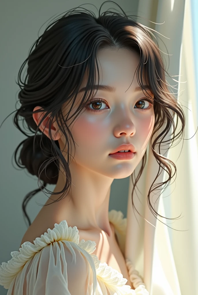 Create a round face, wavyhair, small nose big skin eyes, clear and well-shaped mouth