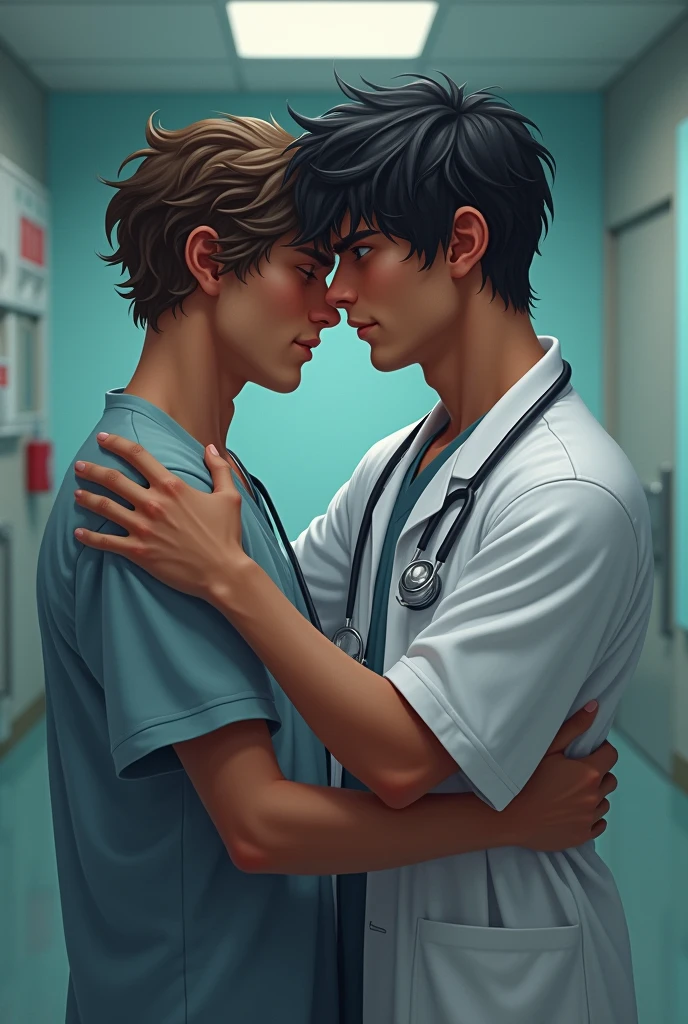 Two young adult men hugging like a couple with hospital background, one in doctor&#39;s clothes, dark shaped eyes, Caucasian skin, wavy black hair, the other with simple clothes, curly brown hair, light eyes and tanned skin and humble appearance, the image has to be VERY REALISTIC. That you can see their faces