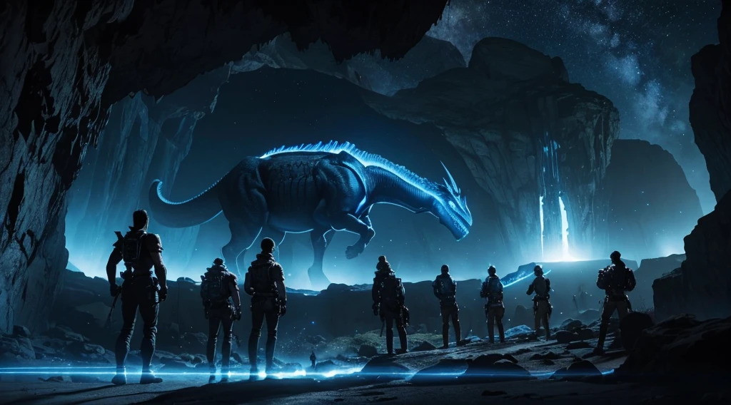  A dramatic scene that merges the prehistoric era with Innovation and technology. A group of prehistoric humans, with looks of admiration and curiosity, is gathered around a fire inside a cave. They wield incredibly advanced tools made of stone and bone., as a holographic communication device and a rudimentary control panel, illuminated with blue lights. The cave walls are covered in cave paintings showing human figures controlling machines and extinct creatures with cybernetic implants.. No fundo, the cave entrance reveals a starry sky, where prehistoric drones patrol the horizon, and the silhouette of a bionic dinosaur stands out against the full moon, symbolizing the fusion between nature and technology.