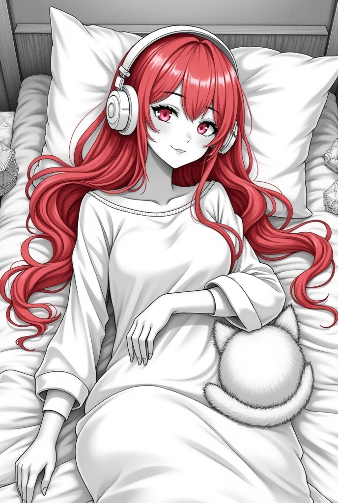 Monochrome manga art style, captivating red-haired woman, luxurious tresses cascading across her pillow, mesmerizing pink eyes gently closed, immersed in tranquility, adorned with oversized cushy headphones, seamless blending of modern comfort, plush bedding invitingly tousled around her, serene atmosphere emanating warmth, affectionate cat curled up beside her, soft whiskers twitching in slumber, intimate bedroom setting filled with personal touches, delicate decorative elements creating visual interest, central composition accentuating her relaxed posture, intricate detailing of character features emphasizing emotions, refined hatching and cross-hatching techniques depicting shadows and textures, dynamic balance of positive and negative space drawing the viewer's eye, inviting storytelling elements suggesting a peaceful narrative, evocative of classic manga scenes, capturing the essence of relaxation in a bustling world, evoking empathy and reflection on personal moments of contentment.