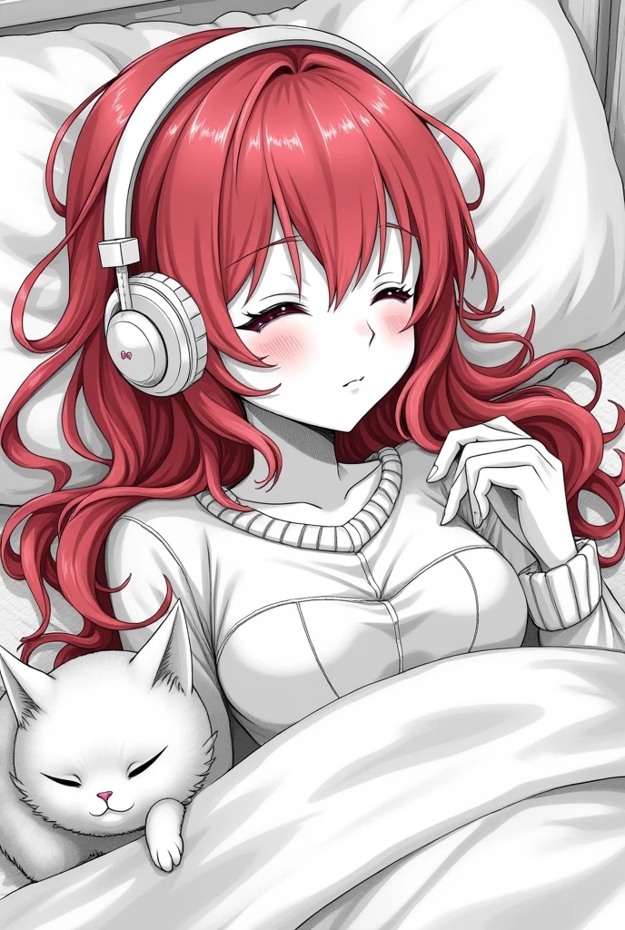 Monochrome manga art style, captivating red-haired woman, luxurious tresses cascading across her pillow, mesmerizing pink eyes gently closed, immersed in tranquility, adorned with oversized cushy headphones, seamless blending of modern comfort, plush bedding invitingly tousled around her, serene atmosphere emanating warmth, affectionate cat curled up beside her, soft whiskers twitching in slumber, intimate bedroom setting filled with personal touches, delicate decorative elements creating visual interest, central composition accentuating her relaxed posture, intricate detailing of character features emphasizing emotions, refined hatching and cross-hatching techniques depicting shadows and textures, dynamic balance of positive and negative space drawing the viewer's eye, inviting storytelling elements suggesting a peaceful narrative, evocative of classic manga scenes, capturing the essence of relaxation in a bustling world, evoking empathy and reflection on personal moments of contentment.
