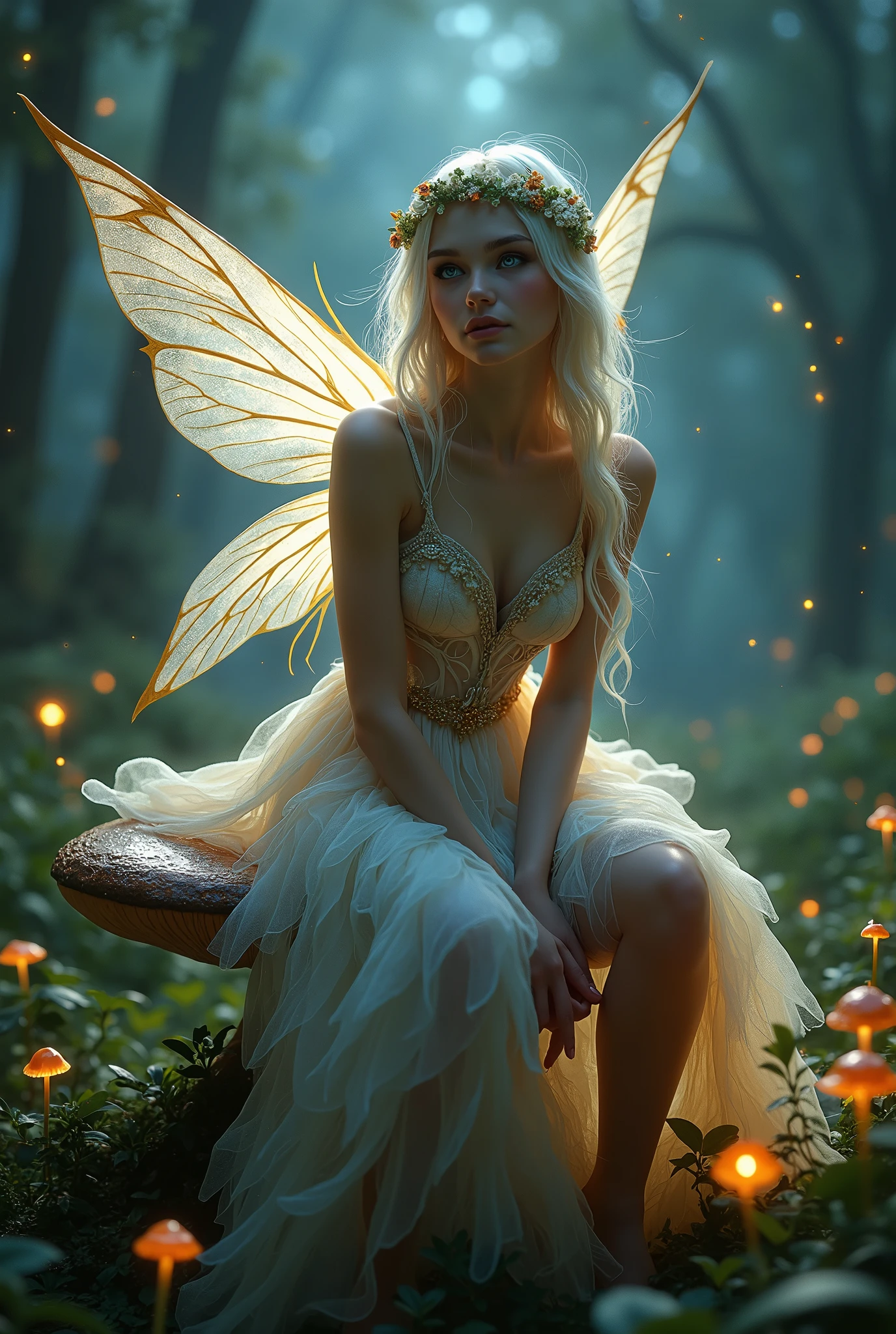 Create a magical scene featuring a beautiful young fairy with pale skin, blue eyes, seductive gaze long hair and sensual, wonderful, body, detailed face, detailed eyes, detailed lips in an enchanted forest at dusk. The fairy should have delicate, translucent wings that shimmer with a soft glow. She is sitting on a mushroom. She should wear flowing black dress made of petals and leaves, with intricate, nature-inspired patterns. The forest is dense with ancient trees, glowing mushrooms, and sparkling fireflies. The overall atmosphere should feel mystical and serene, with a soft, warm light filtering through the trees, highly detailed, photorealistic, 8k, realistic, cinematic lighting, dramatic shadows, intricate clothing folds, glowing ethereal atmosphere, fantasy, digital art, concept art