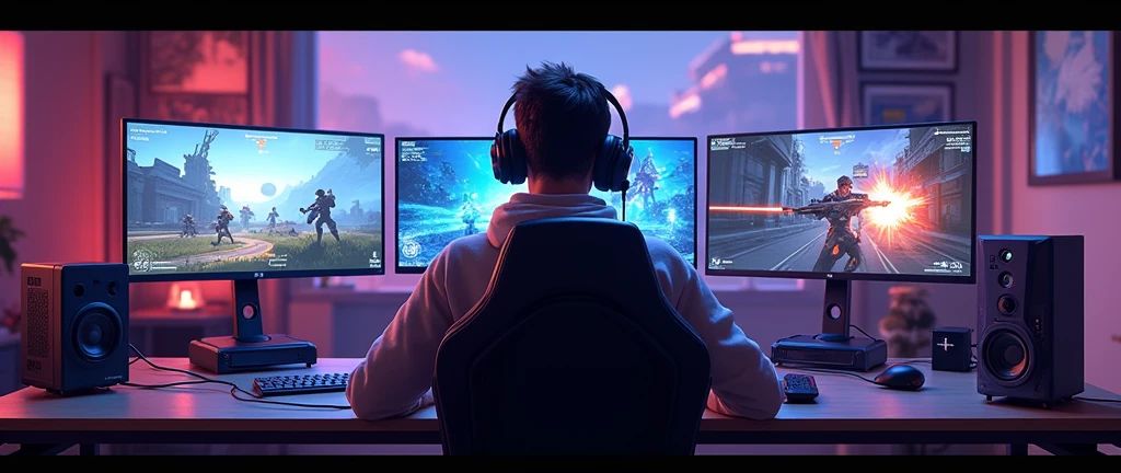 Create an image of a streamer playing Overwatch but horizontally so that the whole setup can be seen and that the streamer can be seen from behind, not from the side, please, and that the image can be seen horizontally so that it looks animated.